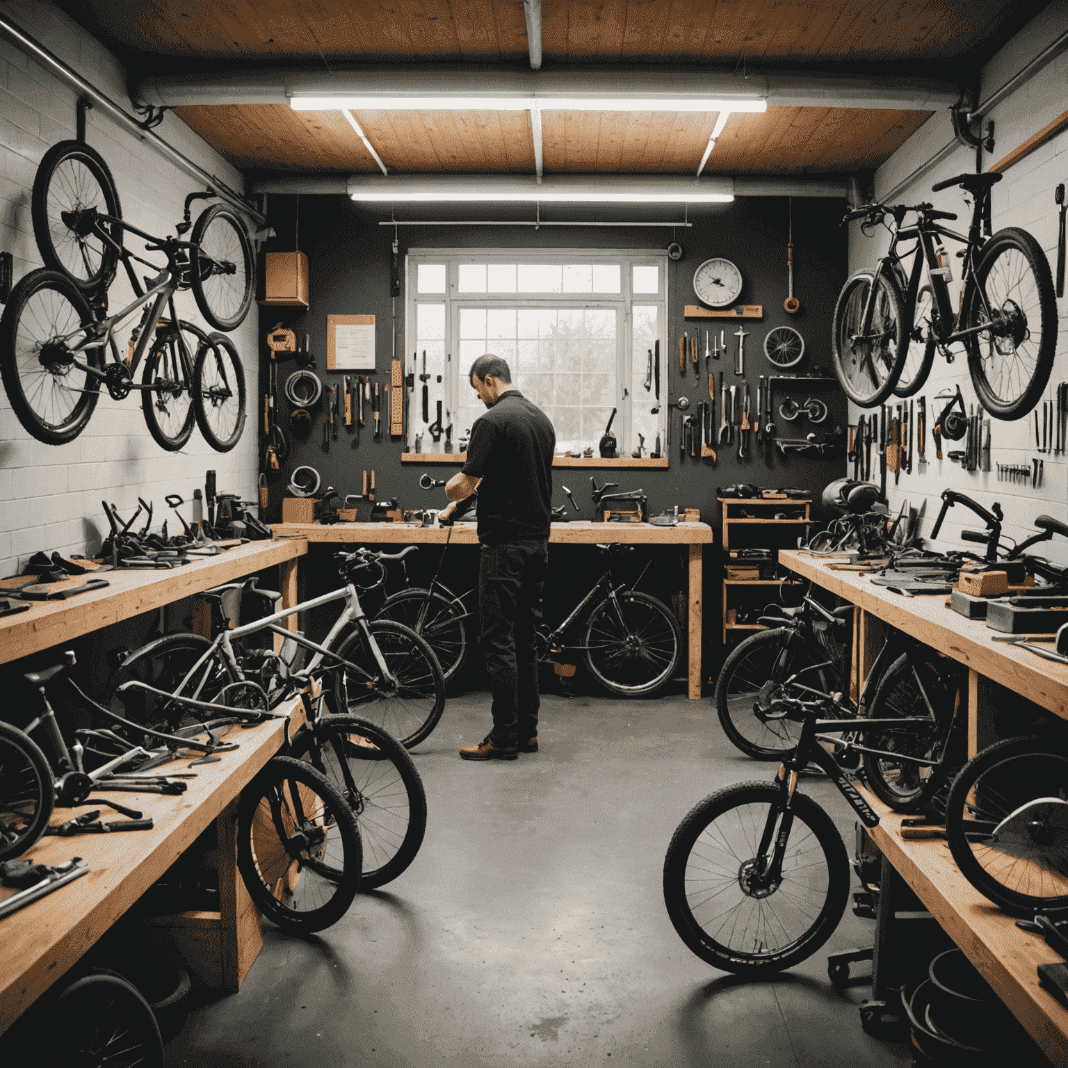 A modern bike repair workshop with skilled mechanics working on various bicycles. The image showcases a clean, well-organized space with state-of-the-art tools and equipment. Mechanics are dressed in professional attire with the HackWork Takeover logo. Several bicycles in different stages of repair are visible, emphasizing the range of services offered.