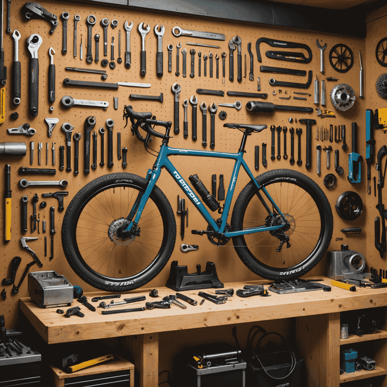 A modern bicycle repair workshop with advanced tools and equipment, showcasing the latest repair trends