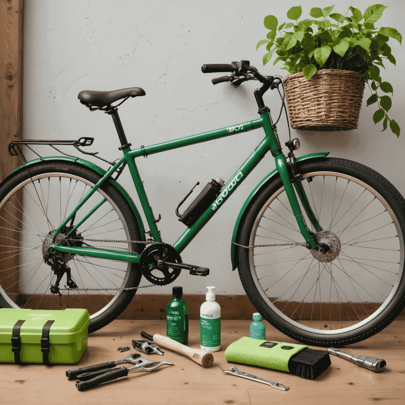 A bicycle being maintained with eco-friendly products. Tools and green cleaning solutions are visible alongside the bike.