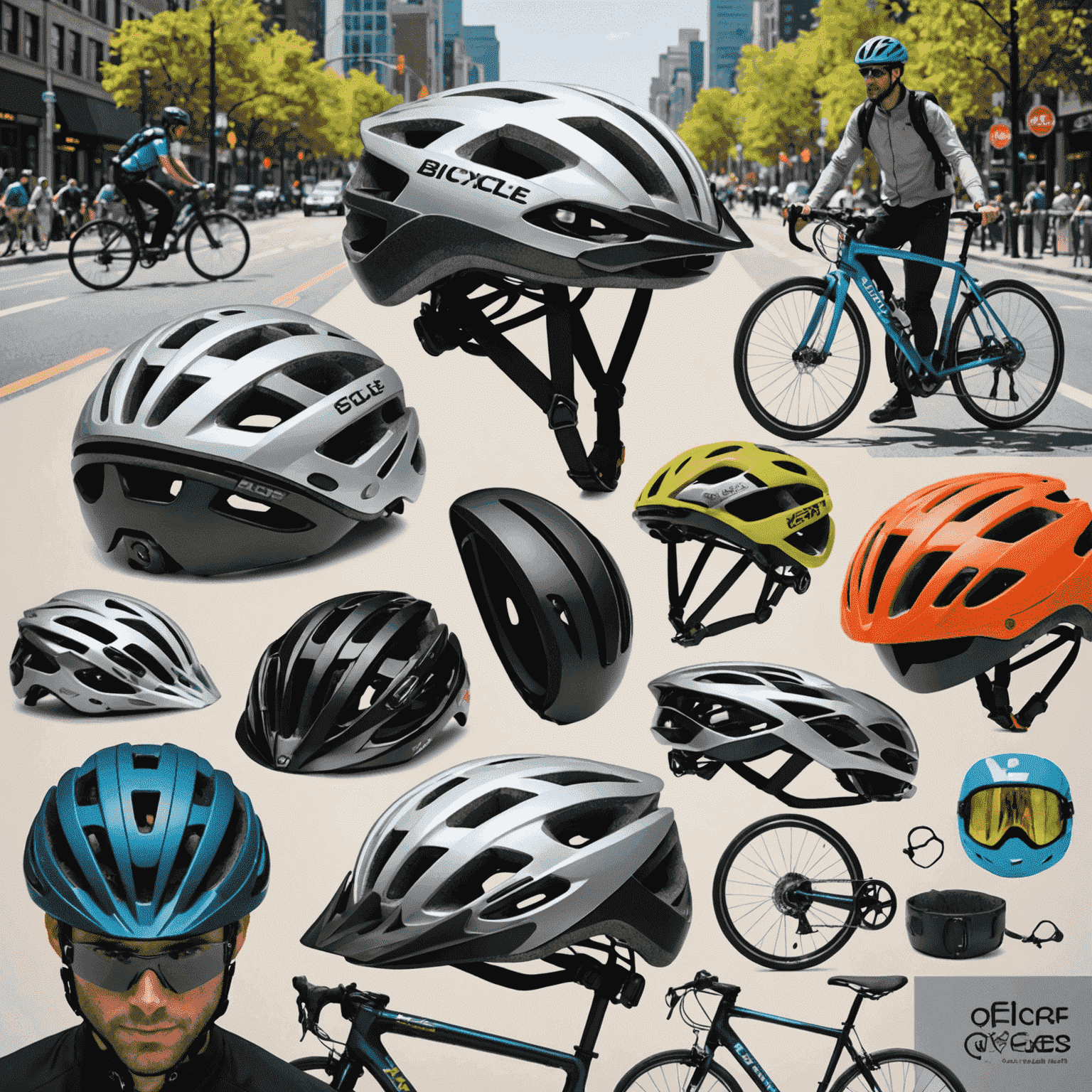 A collage showing new bicycle safety equipment including reflective gear, updated helmet designs, and enhanced brake systems against a backdrop of urban cycling scenes