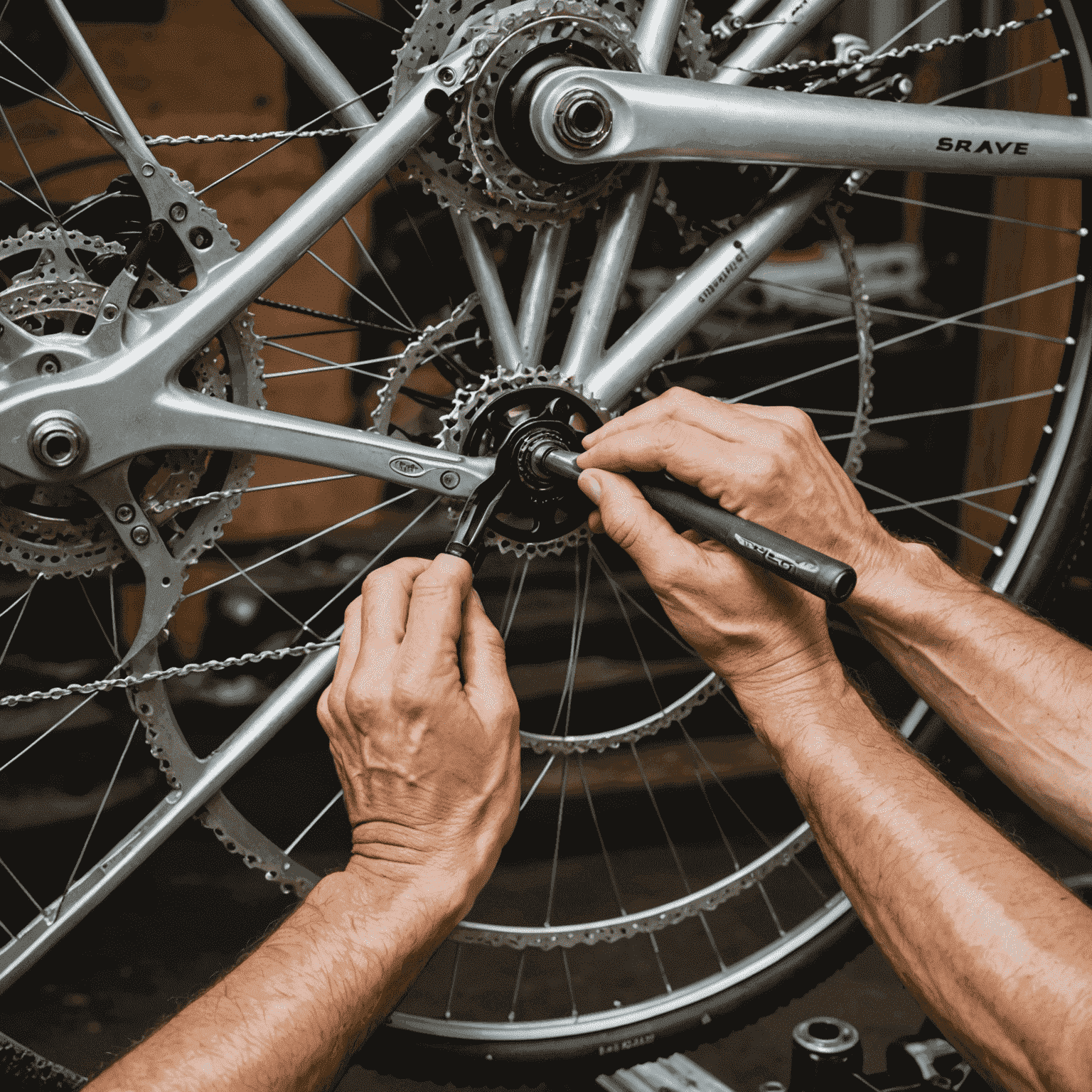 A mechanic performing a basic tune-up on a bicycle, adjusting the brakes and checking the gears. The image shows hands working on a bike frame with tools scattered nearby, emphasizing the quick and efficient nature of the service.