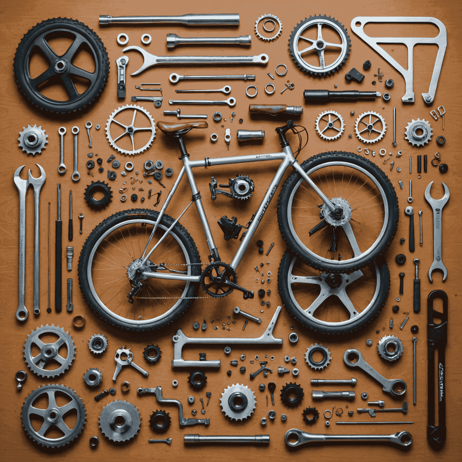 A bicycle completely disassembled with all parts neatly arranged on a workbench. Tools are scattered around, and a mechanic is inspecting a gear with precision.