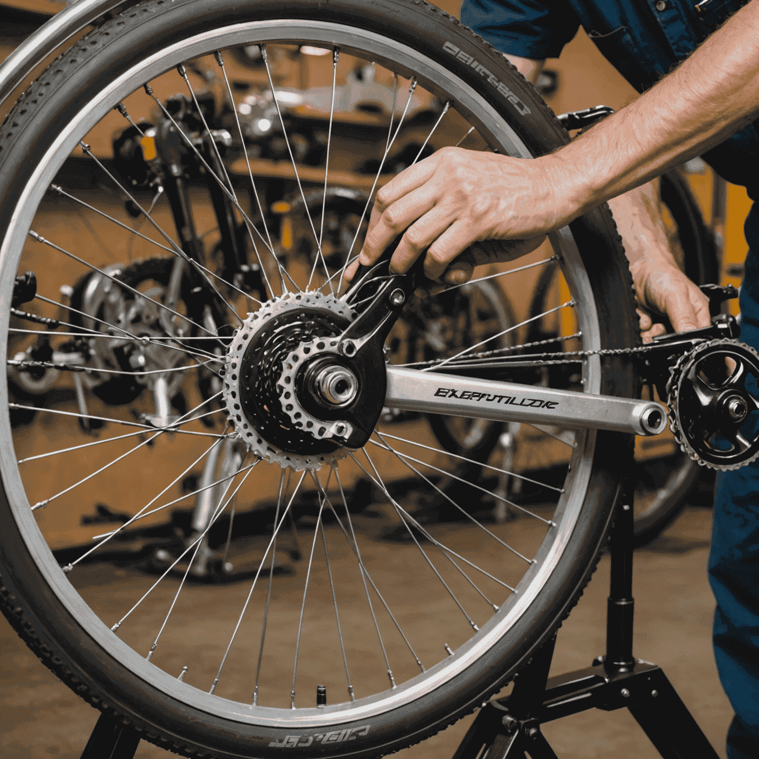 A mechanic carefully adjusting the spokes of a bicycle wheel using a truing stand and spoke wrench. The wheel is spinning slowly as the mechanic makes precise adjustments to ensure perfect alignment.