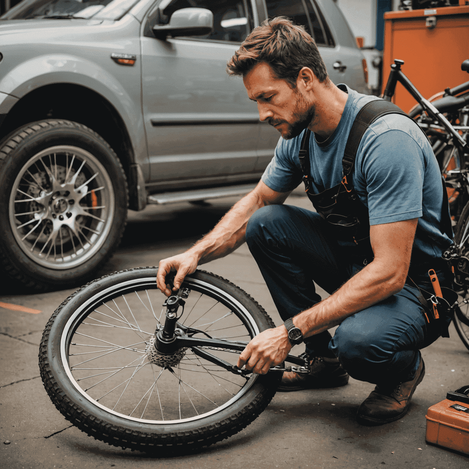 Mechanic performing emergency repair on a bicycle, focusing on quick tire replacement and brake adjustment