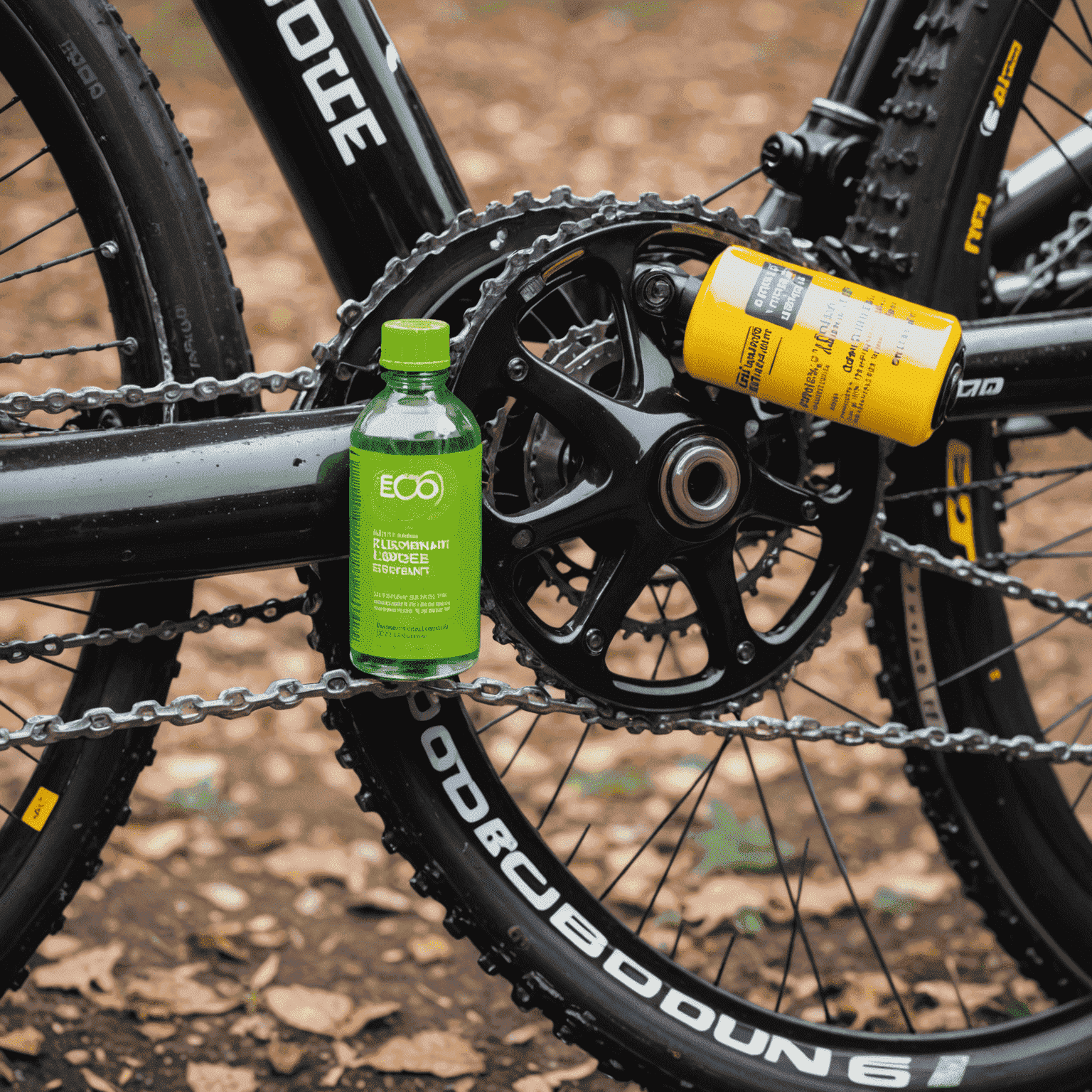 A close-up of a bicycle chain being lubricated with an eco-friendly, bio-based lubricant. The lubricant bottle is clearly labeled as environmentally friendly.