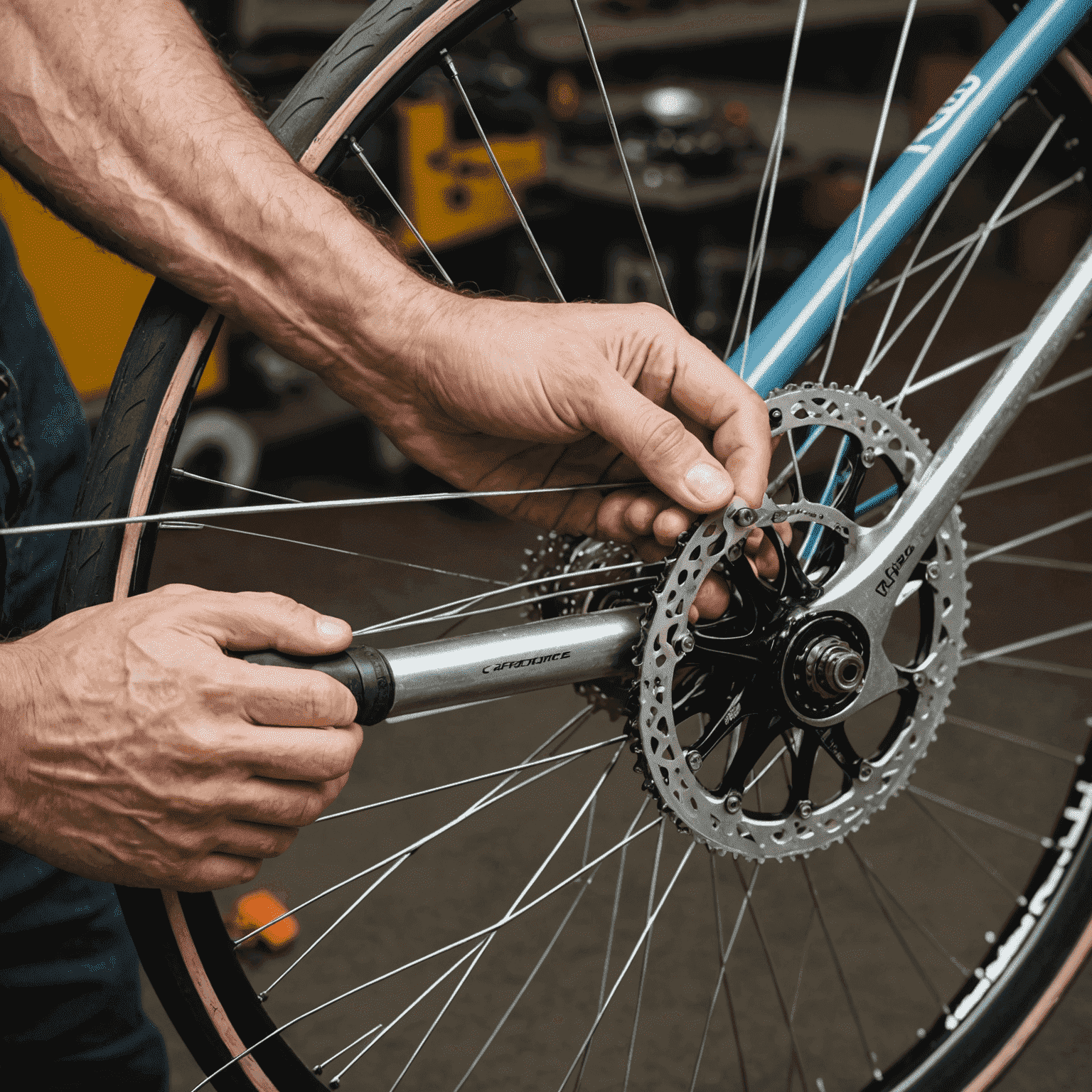 A close-up of a bicycle mechanic's hands delicately adjusting a spoke nipple with a specialized tool. The image showcases the precision and care involved in the wheel truing process.