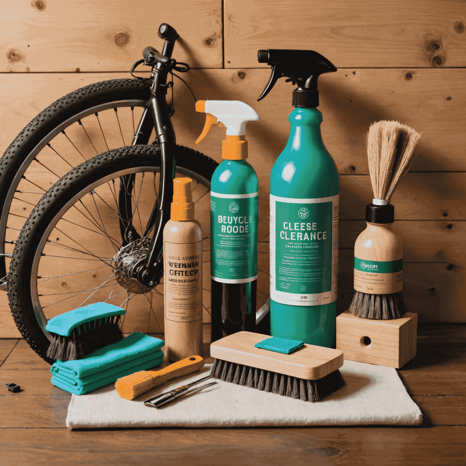 A set of reusable cleaning tools for bicycle maintenance, including microfiber cloths, brushes with wooden handles, and a spray bottle with homemade cleaning solution.