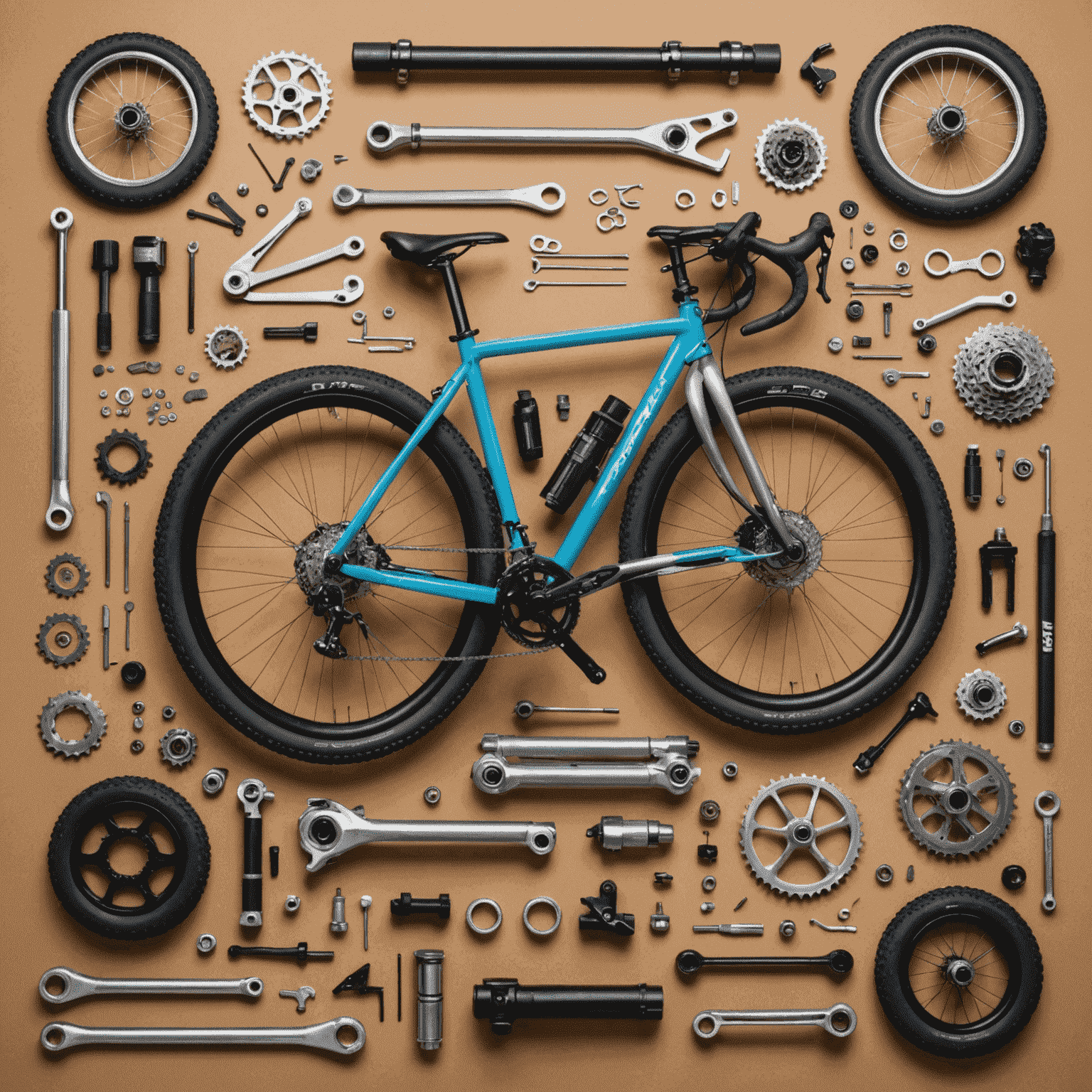 Fully disassembled bicycle with parts neatly arranged, mechanic working on frame