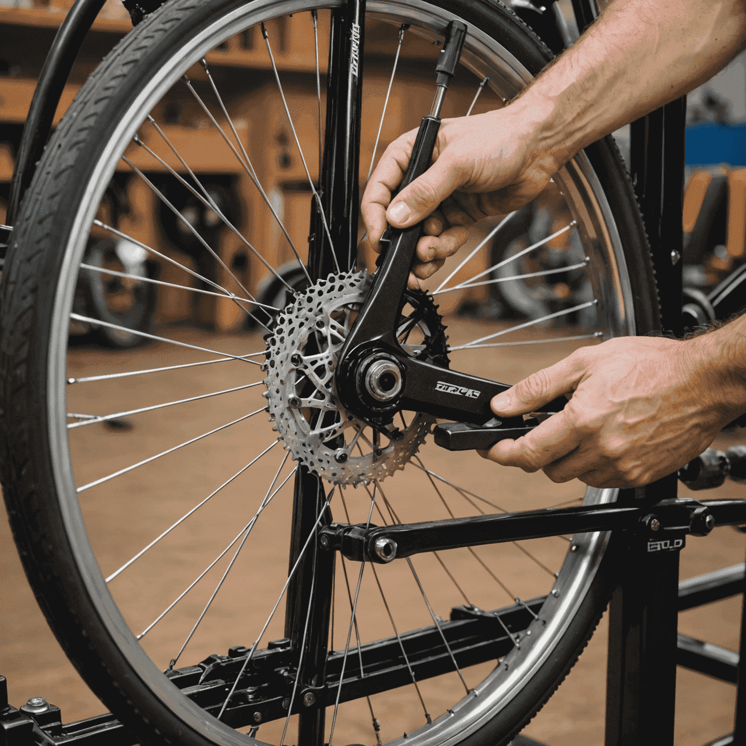 Close-up of a bicycle wheel being trued on a truing stand, with a mechanic using a spoke wrench