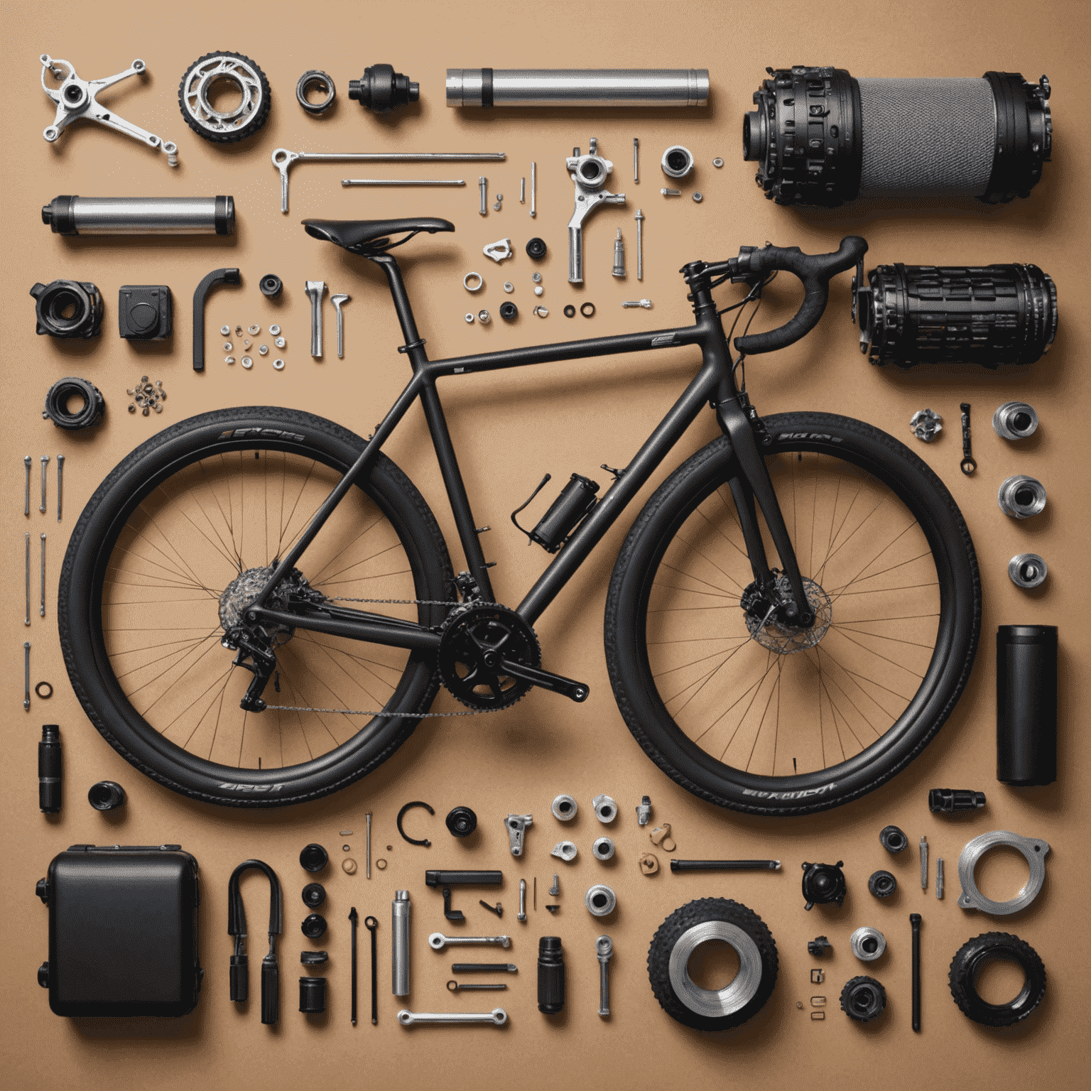 Bicycle with various high-end components laid out nearby, ready for installation