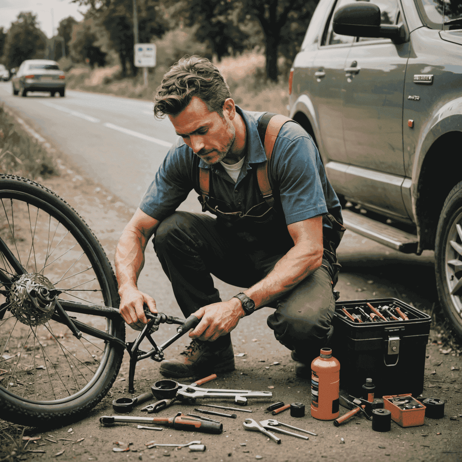 Mechanic working on a bicycle by the roadside, with a repair kit open and tools in use